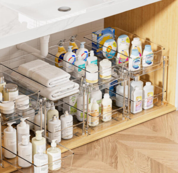 Paquete de 4 organizadores de almacenamiento de baño, 2 niveles transparentes