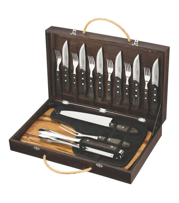 Kit para Churrasco 17 Piezas - Tramontina - 6 Cuchillos Jumbo de 5", 6 Tenedores Jumbo, 1 Cuchillo para carne de 10", 1 Tenedor trinche, 1 Pinza para carne, 1 Tabla para corte y 1 Estuche.